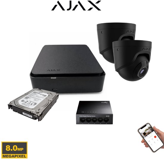Ajax Systems 2 turret cameras, 8-channel NVR, PoE switch, 2TB storage