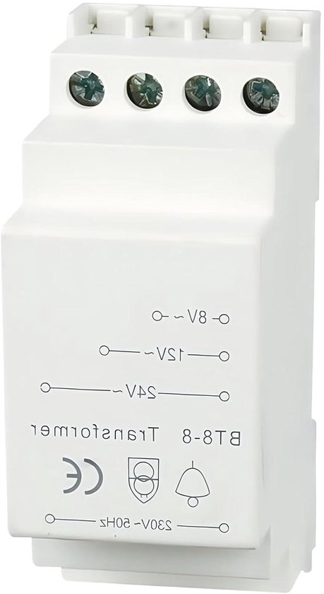 Allecto Plus - Beltransformator voor deurbel: 8V-12V-24V met DIN-rail montage - geschikt voor deurbellen & belsystemen