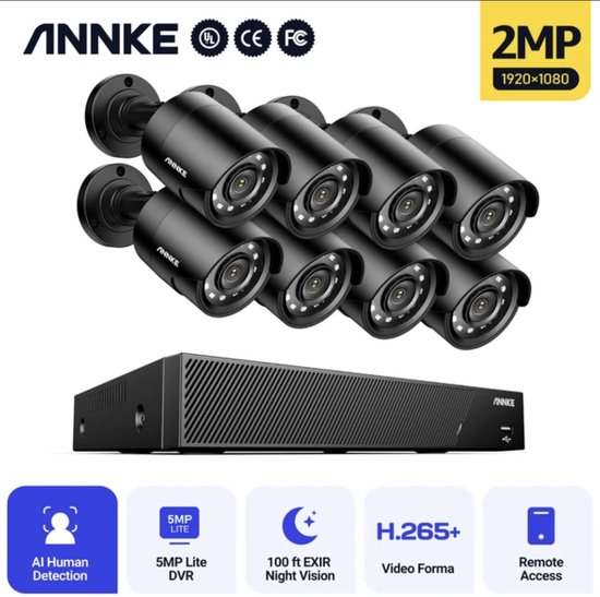 ANNKE 8CH 5MP-DVR CCTV -Beveiligingscamera set met 8 Camera's Outdoor Buiten - Home Security Camera Systeem - Wifi Camera Set - Video + Audio-opname - Beveiligingscamera - 8 Camera’s - Nachtzicht - Motion Detector van Annke