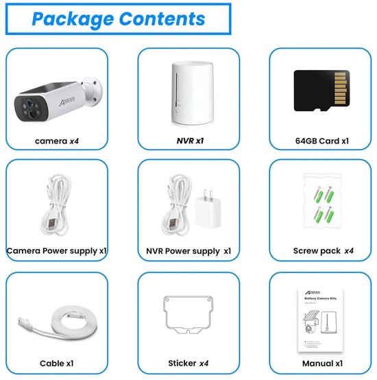 ANRAN 2K Zonnecamerasysteem – Draadloos Beveiligingssysteem met 4 WiFi Camera’s, PIR Detectie, Nachtzicht in Kleur & 64GB Opslag – Werkt met ARCCTV App van Merkloos