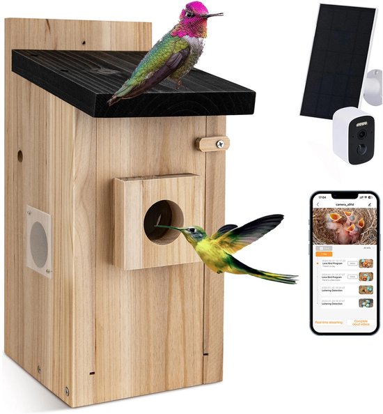 Archi Slim Vogelhuisje met 5MP Camera - Beveiliging - Bewegingsdetectie & Nachtzicht - Live Beelden via App - Massief Grenenhout