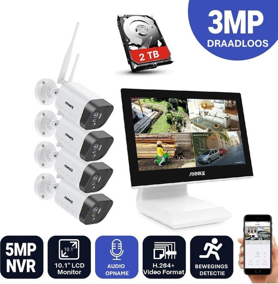 Ariko Annke Draadloos 3MP camerabeveiligingssysteem 10 inch monitor 1TB HD/live internet - 4 draadloze camera's - Plug and play