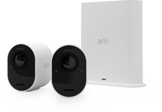 Arlo Ultra 2 draadloze WiFi-beveiligingscamera voor buiten, 4K UHD, 180˚ kleurennachtzicht, sirene & spotlight, bewegingsdetectie, 2-weg-audio, 6 mnd batterij, lokale opslag (SD-kaart), incl. proefp. Arlo Secure, 2 IP-Camera's + Smart Hub, wit van Arlo