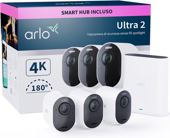 Arlo Ultra 2 draadloze WiFi-beveiligingscamera voor buiten, 4K UHD, 180˚ kleurennachtzicht, sirene & spotlight, bewegingsdetectie, 2-weg-audio, 6 mnd batterij, lokale opslag (SD-kaart), incl. proefp. Arlo Secure, 3 IP-Camera's + Smart Hub, wit van Merkloos