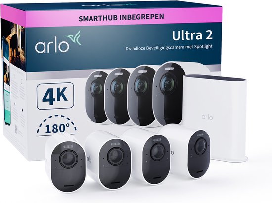 Arlo Ultra 2 draadloze WiFi-beveiligingscamera voor buiten, 4K UHD, 180˚ kleurennachtzicht, sirene & spotlight, bewegingsdetectie, 2-weg-audio, 6 mnd batterij, lokale opslag (SD-kaart), incl. proefp. Arlo Secure, 4 IP-Camera's + Smart Hub, wit van Merkloos