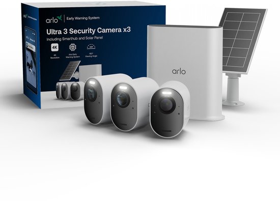 Arlo Ultra3 4K beveiligingscamera + Zonnepaneel - 3 Cam Kit (incl. Smart Hub) van Merkloos