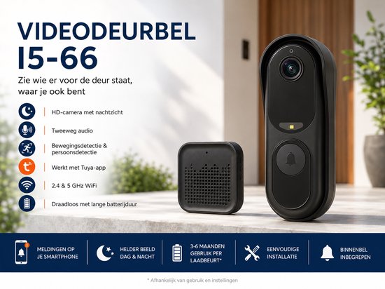 ATXANC Videodeurbel met Camera – 2.4 & 5 GHz WiFi – Bewegingsdetectie – Nachtzicht – Tweeweg Audio – Draadloos – Inclusief Binnenbel