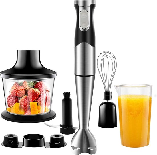 Aurixi® Staafmixer Set – 4-in-1 Staafmixerset Met 2 Snelheden en Turbofunctie – Hakmolen - Inclusief Maatbeker en opbergrek– 1200W - Zwart- 25 x 23 x 14 cm van Aurixi®