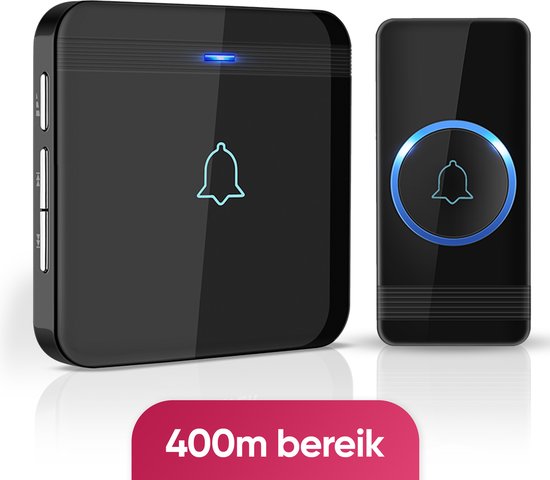 AVANTEK Draadloze deurbel met 1 ontvanger - Zwart - Bereik 400 meter - Waterdicht - Ontvangers zonder batterijen - 52 melodieën