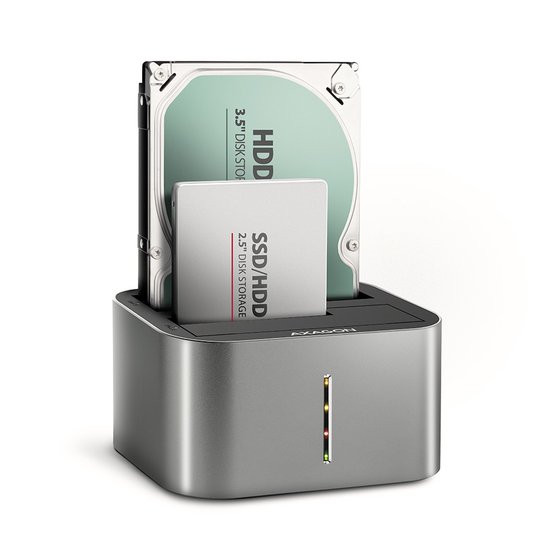 AXAGON ADSA-DC USB3.2 Gen1-2X SATA 6G Clone DUAL HDD Dock Station ASMedia van Merkloos
