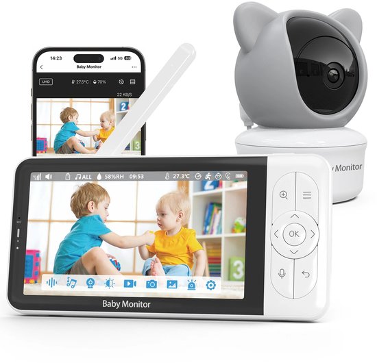 Babyfoon | 5 inch lcd scherm | Wifi | 1080p resolutie | Cry detectie | Tweerichtingsaudio | Nachtzicht | Oplaadbare batterij van Merkloos