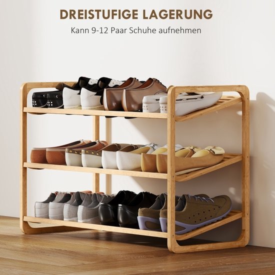 Bamboe Schoenenrek - 3 Laags Design Met Schuine Planken - 76 x 33 x 50,8 cm - Natuurlijk Bamboe - Houtkleur - Voor Hal, Entree of Slaapkamer