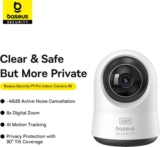Baseus Beveiligingscamera Binnen P1 Pro - 3K Ultra HD, Nachtzicht, App Meldingen, Bewakingscamera voor Baby & Huisdieren, Twee-Way Audio van Baseus