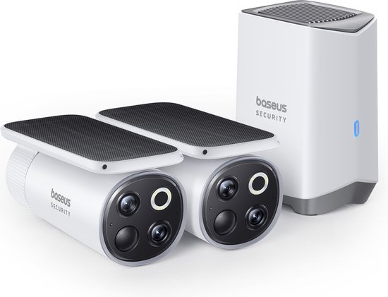 Baseus Beveiligingscamera set S1 pro - Draadloos - Slimme beveiliging - Meedraaiende Zonnepaneel - Buiten - 3K Camera - 2 camera’s - WIFI - Inclusief Homestation - Waterdicht - Weerbestendig - Nachtzicht - Wit van Baseus