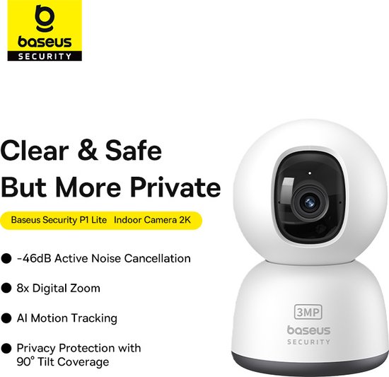 Baseus Security P1 Lite camerabewaking Binnencamera 2K - Pan/Tilt Zoom - Indoor Cam - Huisdiercamera - Petcam -Baby monitor Bewakingscamera Hondencamera Nachtzicht - Wit van Merkloos
