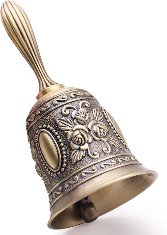 Bel - Handbel - Bel om te roepen - Handbediende bel voor eten - Barbel - Handbel van zinklegering - Geschikt voor bruiloften, banketten, hotels, bars en feesten - Messingkleur - 5,5*5,5*11,5 cm