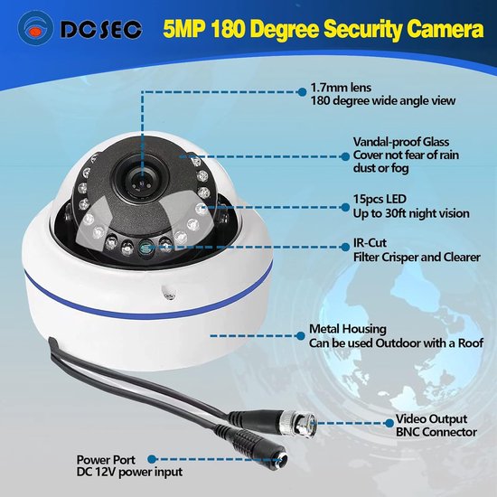 Beveiligingscamera 5MP 180 graden - Dome camera - Fisheye lens - IR nachtzicht - ShopVlot