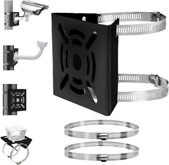 Beveiligingscamera-beugel - Camerabeugel - Beveiligingsbeugel - met 2 ringen - universele metalen beugell - Verticale paaladapter - Voor beveiligingscamera's - Stevige metalen beugel - Vlakke paalbeugel - stevig en duurzaam - 110×105×45mm - Zwart van 5LIEU.