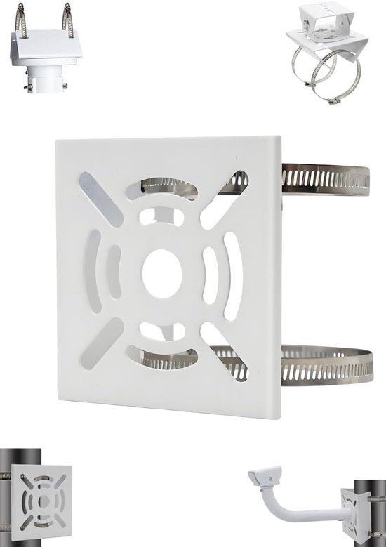 Beveiligingscamera-beugel - Camerabeugel - Beveiligingsbeugel - met 2 ringen - universele metalen beugell - Verticale paaladapter - Voor beveiligingscamera's - Stevige metalen beugel - Vlakke paalbeugel - stevig en duurzaam - Wit van Merkloos
