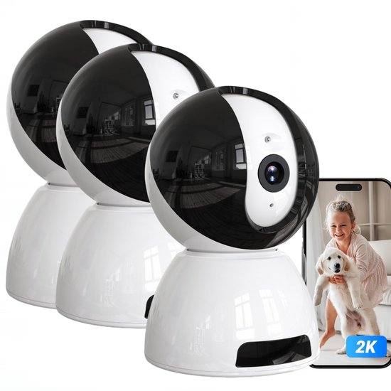 Beveiligingscamera Binnen - 6MP Pan & Tilt - Indoor Cam - Binnencamera - Huisdiercamera - Nachtzicht - Bewegings- en geluidsdetectie - Tweerichtingsaudio - Beveiligingscamera Met WiFi en App – Wit - 3PC