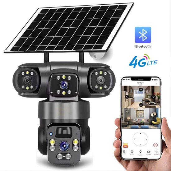 Beveiligingscamera Buiten 4G - Zonne-energie Draadloos Beveiligingscamera - Camerabewaking - CCTV Camera - Triple lens - App - Nachtzicht & Bewegingsdetectie - Two-Way Audio