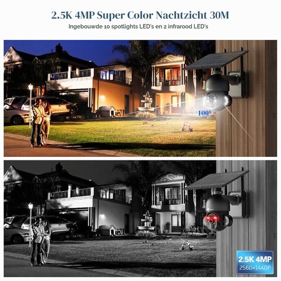 Beveiligingscamera Buiten - 4MP 30m Kleurennachtzicht - Zonnepaneel Accu Draadloos - PTZ Wifi Camera - Metaal Wandmontage