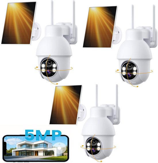 Beveiligingscamera Buiten – 5MP Ultra HD - Camerabewaking - Bewakingscamera Voor Buiten - Buitencamera - Buiten Camera Met Nachtzicht - Met WiFi en APP - Incl. Zonnepaneel - 3Stuks van Merkloos