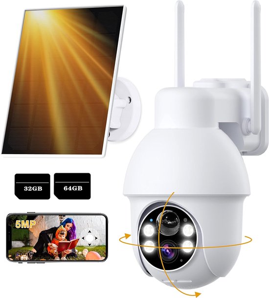 Beveiligingscamera Buiten – 5MP Ultra HD - Camerabewaking - Bewakingscamera Voor Buiten - Buitencamera - Buiten Camera Met Nachtzicht - Met WiFi en APP - Incl. Zonnepaneel - Incl. 32GB 64GB SD van Merkloos