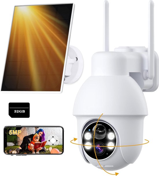 Beveiligingscamera Buiten – 5MP Ultra HD - Camerabewaking - Bewakingscamera Voor Buiten - Buitencamera - Buiten Camera Met Nachtzicht - Met WiFi en APP - Incl. Zonnepaneel - Incl. 32GB SD van Merkloos
