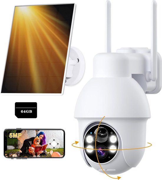 Beveiligingscamera Buiten – 5MP Ultra HD - Camerabewaking - Bewakingscamera Voor Buiten - Buitencamera - Buiten Camera Met Nachtzicht - Met WiFi en APP - Incl. Zonnepaneel - Incl. 64GB SD van Merkloos