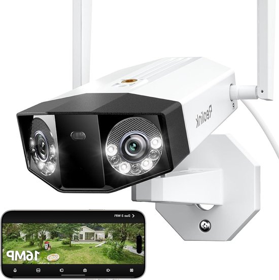 Beveiligingscamera Buiten - Dubbele Lens Camera - Woning Bewaken - 180 Graden Zicht - 16MP UHD - Wit