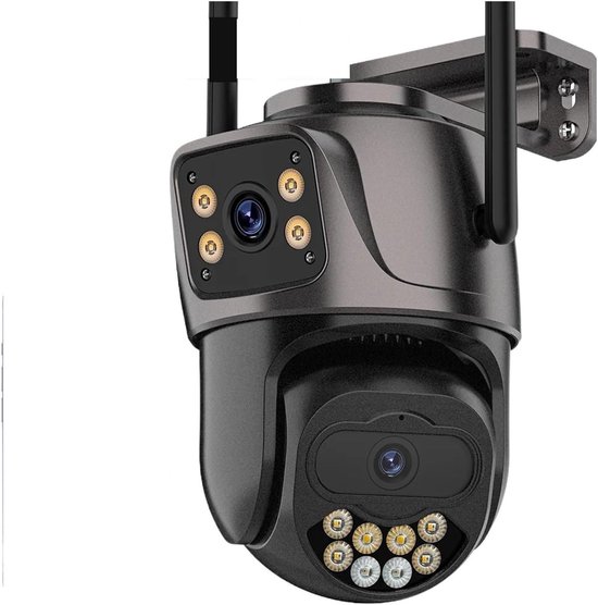 Beveiligingscamera Buiten - IP Camera HD - Straat Bewaking - Dubbele Lens Dual Screen - 4MP Met 64GB - Zwart