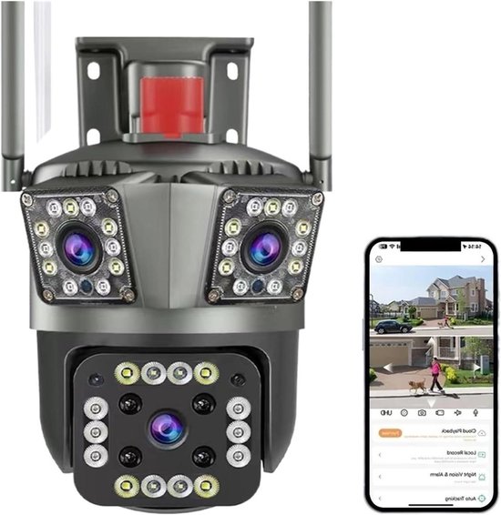 Beveiligingscamera Buiten - IP Camera WiFi - Huis Beveiligen - Drie Lenzen Drie Schermen - 6MP 4K - Wit