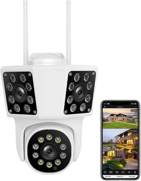 Beveiligingscamera Buiten - IP Camera WiFi - Huis Bewaken - Dubbele Lens Twee Schermen - 8MP FHD - Wit
