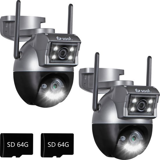 Beveiligingscamera Buiten set - 2 Stuks - met Wifi en 128GB - Buiten Camera met Nachtzicht - Beveiligingscamera Binnen - Zwart - van Saaf van Saaf