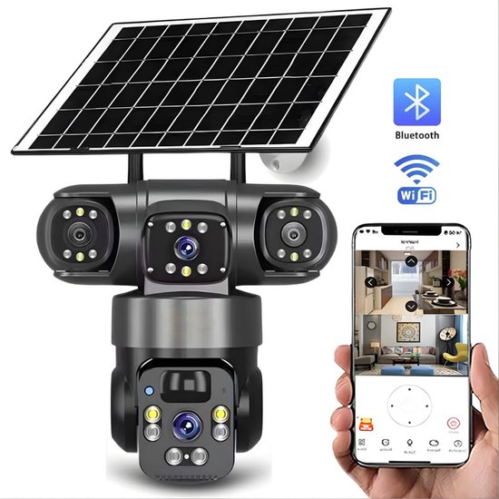 Beveiligingscamera Buiten Wifi - Zonne-energie Draadloos Beveiligingscamera - Camerabewaking - CCTV Camera - Triple lens - App - Nachtzicht & Bewegingsdetectie - Two-Way Audio