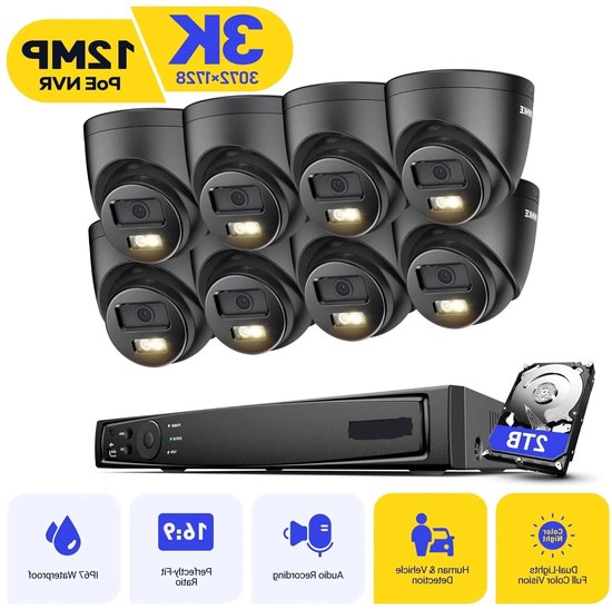 Beveiligingscamera - Camerabewaking - Beveiligingscamerasysteem - 8 Kanalen - 4K CCTV Systeem - IP Camera met Geluid - PoE IP Camera - Nachtzicht - 8 Camera's - voor Binnen en Buiten - Ingebouwde HDD: 2T