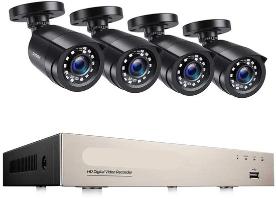 Beveiligingscamera - Camerabewaking - Draadloze Camera - Buiten Camera met Nachtzicht - 1080P Full HD - IP66 Weerbestendig - 4 Stuks Bullet Outdoor & Indoor - H.265+ – 8 Kanaals - Zwart van MARCVALEN.