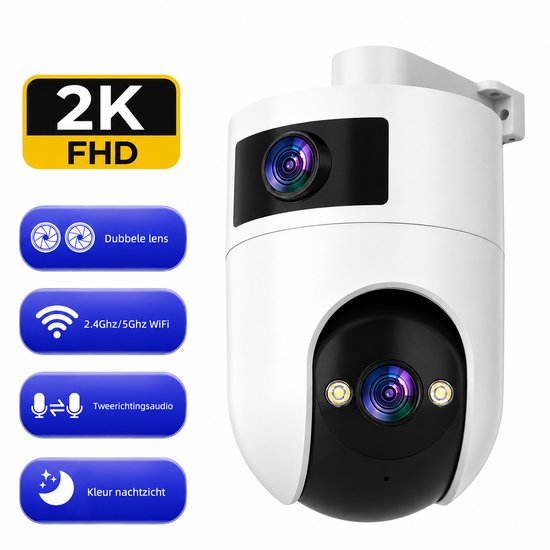 beveiligingscamera met dubbele lens - 2K, 5G, 2,4 GHz dual-band wifi - 360°-zicht - IP66 waterdicht - kleurrijke nachtzicht, 24/7-opnames - automatisch volgen - huisbewaking voor huisdieren - ouders en kinderen - opslag via cloud of kaart