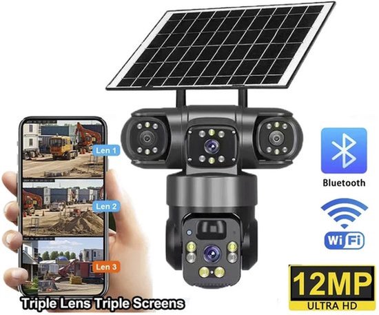 Beveiligingscamera met Zonne-energie - Draadloze Buitencamera met 360° Bewegingsdetectie - Kleurnachtzicht en Tegenlicht - Opgeladen met 8000mAh Accu voor Thuis of Kantoor - Wifi van Merkloos