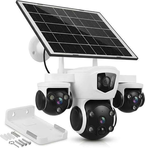 Beveiligingscamera op Zonne-energie - Drievoudige Lens Camera - Buitenhuis Bewaking - Menselijk Detectie Alarm - 8000mAh Batterij - Zwart