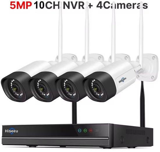 Beveiligingscamera Set - 3TB - 5MP - 4 Camera's - Wifi Verbinding - Camera Bewakingssysteem - Twee-weg Audio - Grote Opslag - H.265 10CH - NVR 5MP van Hiseeu