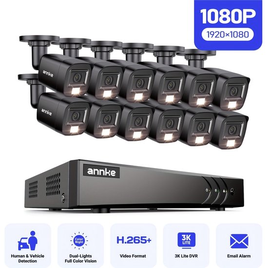 Beveiligingscamera Set - Camerabewaking - Bewakingscamera - CCTV Systeem - Beveiligingscamera Binnen & Buiten - 16-kanaals DVR Recorder - AI Mens en Voertuig Detectie
