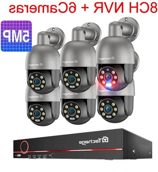 Beveiligingscamera Set – CCTV Camera Systeem – IP Camera – Bewakingscamera – PTZ Camera – 8 Kanaals 4K NVR – AI Bewegingsdetectie – Tweerichtingsaudio – 1TB HDD – 6x 5MP Camera’s – IP66 Waterdicht