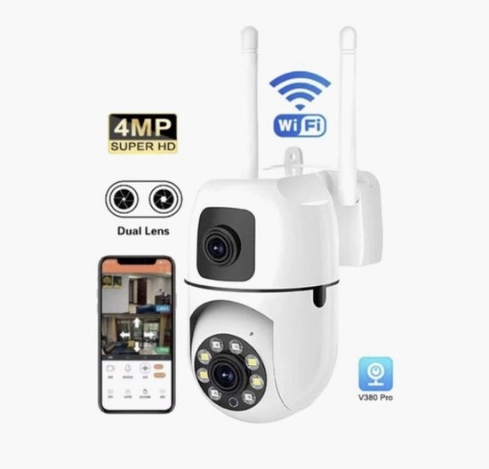 Beveiligingscamera Voor Buiten en Binnen - 360° Draaibare Camera met Nachtzicht - 4MP Dubbele Lens - Bewegingsdetectie & Alarm - WiFi - Tweerichtingsaudio - Camerabewaking van Merkloos