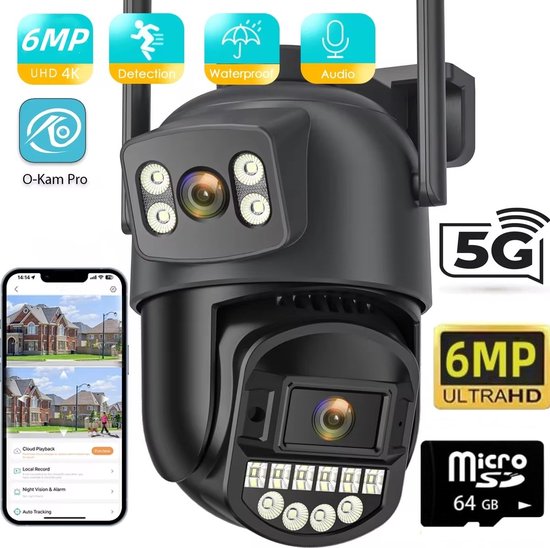 Beveiligingscamera Voor Buiten en Binnen - Buiten Camera met Nachtzicht - Dubbele Lens 6MP - 360° Dekking - Met 2.4G & 5G WiFi en APP - Met 64G Micro SD - Bewegingsdetectie en alarm - Tweerichtingsgesprek - Camerabewaking van Yale