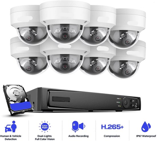 Beveiligingscamera's - Camerabewaking - CCTV Camerasysteem - 4K - 8-kanaals PoE Netwerk - NVR Recorder – Waterdichte - Inclusief 4 Stuks 8MP Audio Opname IP Camera’s – 1TB HDD Opslag van Merkloos