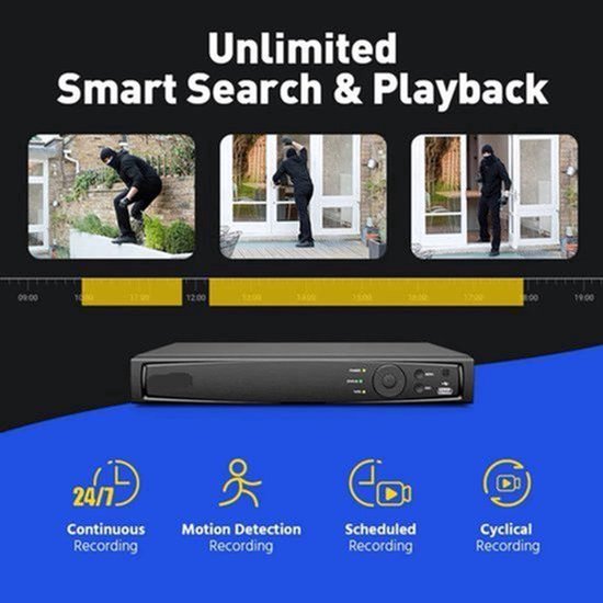 Beveiligingscamera's - Camerabewaking - CCTV Camerasysteem - 4K PoE Video - 8-kanaals NVR – Waterdichte - Binnen/Buiten Camera’s - CCTV Kit met Audio Opname & Tweeweg Audio - Inclusief 8MP & 12MP Beveiligingscamera’s – Zonder HDD Opslag