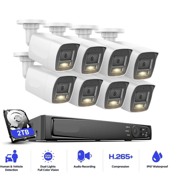 Beveiligingscamera's - Camerabewaking - CCTV Camerasysteem - Waterdichte - 12MP - Slimme Dual-Light Technologie - 8CH NVR - Kleur- & IR Nachtzicht – Geïntegreerde HDD van 1TB van Merkloos