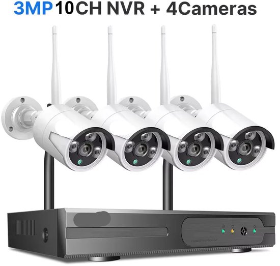 Beveiligingscamerasysteem - 3MP Camera - 10-Kanaals - Openlucht - Buiten - Draadloos - CCTV camerasysteem - IP66 Waterdichte - Bewakingscamera - Beveiligingscamera - 4 Wifi Camera Set - met IR Nachtzicht en 3TB Opslag - Wit